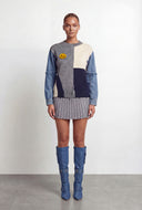 Color Block Knit Denim Sleeve Sweater