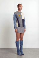 Color Block Knit Denim Sleeve Sweater