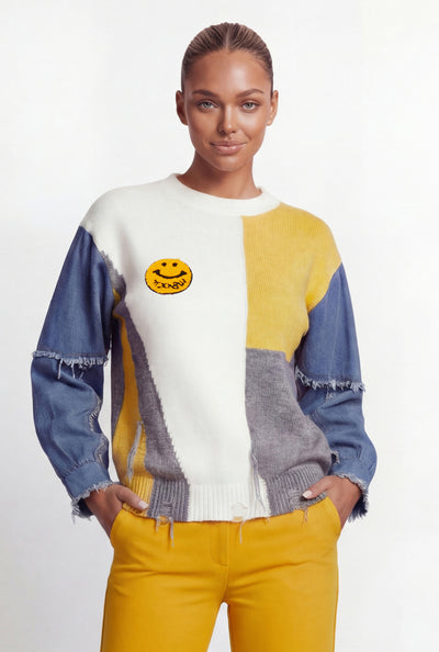 Color Block Knit Denim Sleeve Sweater