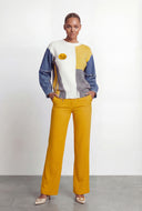 Color Block Knit Denim Sleeve Sweater