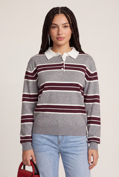 Striped Long Sleeve Polo Top