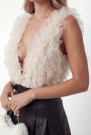 Ruffle Mesh Plunge Neck Bodysuit