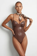Zuri Leather Look Ruched Sweetheart Bodysuit