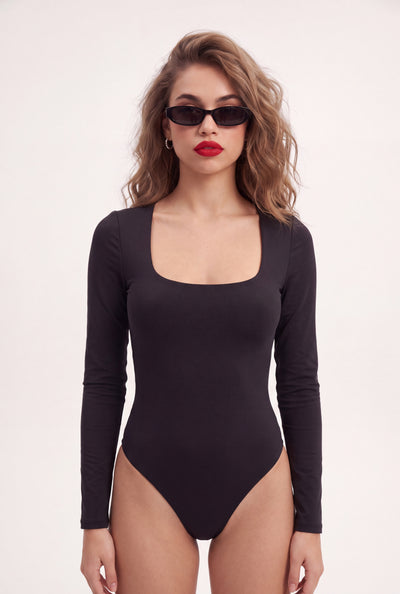 Scoop Neck Long Sleeve Thong Bodysuit