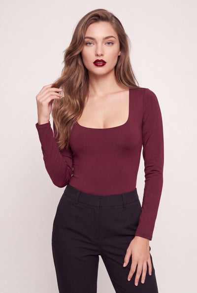 Scoop Neck Long Sleeve Thong Bodysuit