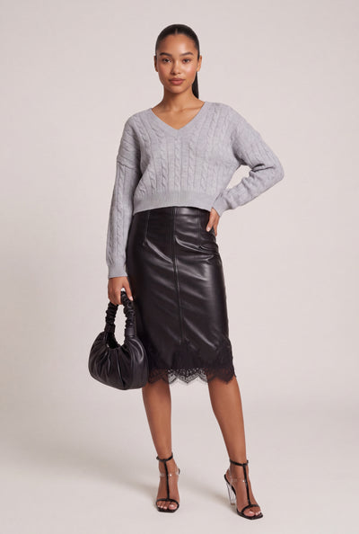 Lace Trim Vegan Leather Skirt