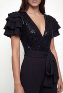 Sequin Faux Wrap Wide Leg Jumpsuit