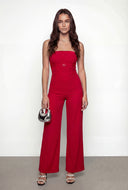 Buckle Strapless Crepe Knit Wide-Leg Jumpsuit