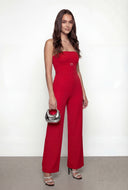 Buckle Strapless Crepe Knit Wide-Leg Jumpsuit