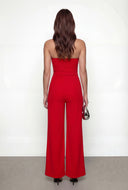 Buckle Strapless Crepe Knit Wide-Leg Jumpsuit