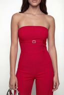 Buckle Strapless Crepe Knit Wide-Leg Jumpsuit