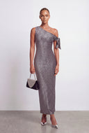 Bow One Shoulder Lurex Maxi Cocktail Dress