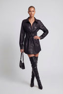 Faux Leather Lace Up Belt Shirt Dress