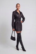 Faux Leather Lace Up Belt Shirt Dress