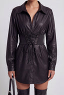 Faux Leather Lace Up Belt Shirt Dress