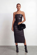 Ada Strapless Ruched Faux Leather Bodycon Midi Dress