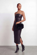 Ada Strapless Ruched Faux Leather Bodycon Midi Dress