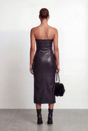 Ada Strapless Ruched Faux Leather Bodycon Midi Dress