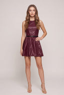Vegan Leather Belted Mini Dress
