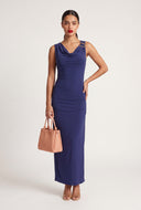 Brooch Shoulder Cowl Neck Maxi Dress