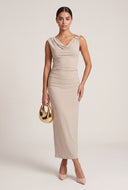 Brooch Shoulder Cowl Neck Maxi Dress