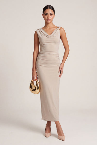 Brooch Shoulder Cowl Neck Maxi Dress
