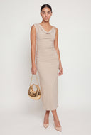 Brooch Shoulder Cowl Neck Maxi Dress