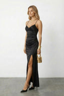 Side Slit Lace-Up Ruched Maxi Dress