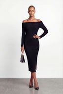 Ruched Side Slit Knit Off The Shoulder Dress