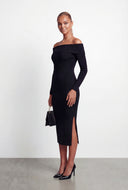 Ruched Side Slit Knit Off The Shoulder Dress
