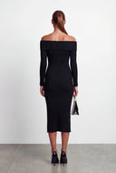 Ruched Side Slit Knit Off The Shoulder Dress