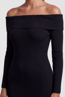 Ruched Side Slit Knit Off The Shoulder Dress
