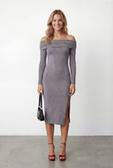 Ruched Side Slit Knit Off The Shoulder Dress