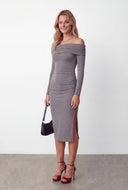 Ruched Side Slit Knit Off The Shoulder Dress