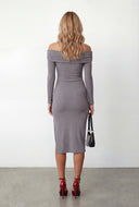 Ruched Side Slit Knit Off The Shoulder Dress