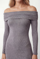 Ruched Side Slit Knit Off The Shoulder Dress
