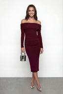 Ruched Side Slit Knit Off The Shoulder Dress