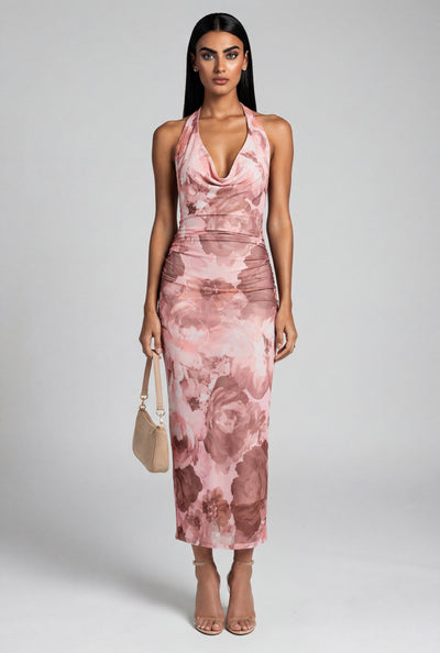 Floral Mesh Halter Maxi Dress