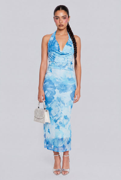 Floral Mesh Halter Maxi Dress