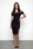 Velvet Off The Shoulder Bodycon Midi Dress