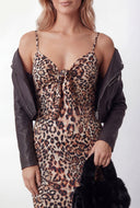 Anahi Leopard Tie Front Bodycon Midi Dress