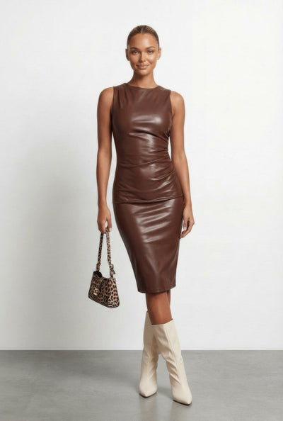 Sleeveless Faux Leather Midi Bodycon Dress