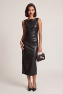 Vegan Leather Ruched Midi Dress