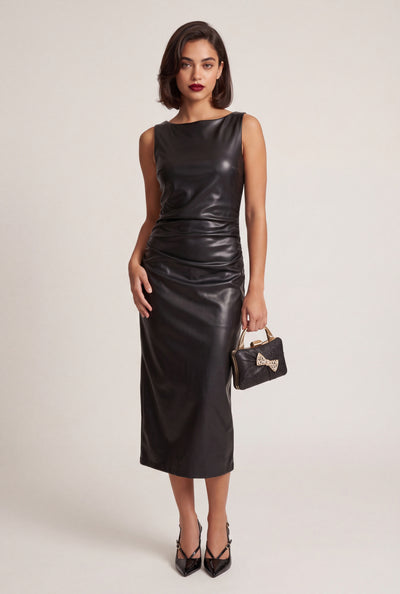 Vegan Leather Ruched Midi Dress