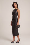 Vegan Leather Ruched Midi Dress