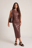 Vegan Leather Ruched Midi Dress