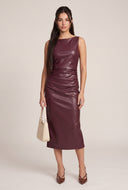 Vegan Leather Ruched Midi Dress