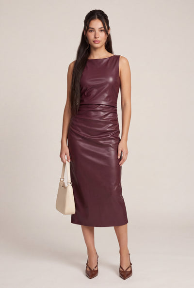 Vegan Leather Ruched Midi Dress