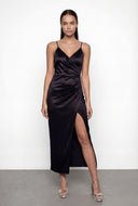 Sateen Spaghetti Strap Faux Wrap Maxi Dress