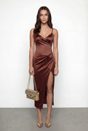 Sateen Spaghetti Strap Faux Wrap Maxi Dress